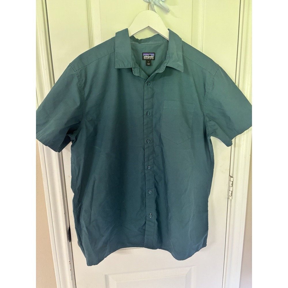 Patagonia Fezzman Shirt Men's L Teal Green Organic Cotton Short Sleeve Button Up
